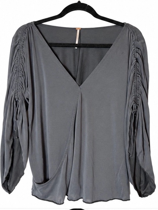 Free People Tops - Free People Charcoal Gray Ruched Drawstring Sleeve Surplice Top Women’s Small